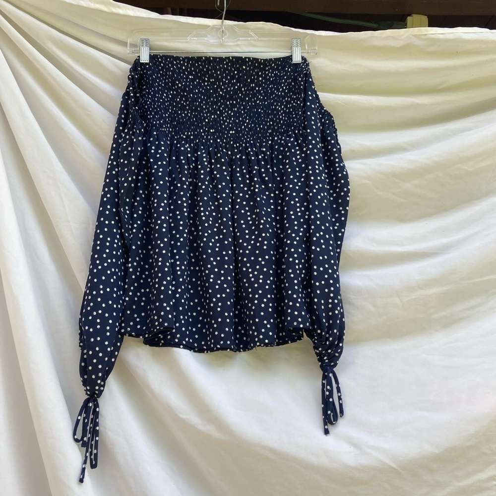Living Doll blue polka dot off the shoulder shirt, size XL
